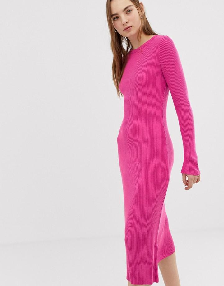 Asos Design Rib Knit A-line Midi Dress - Pink