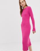 Asos Design Rib Knit A-line Midi Dress - Pink