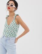 Mango Gingham Button Front Top In Green - Green