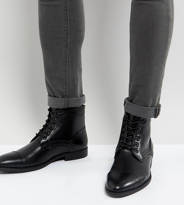Asos Wide Fit Lace Up Boots In Black Faux Leather - Black