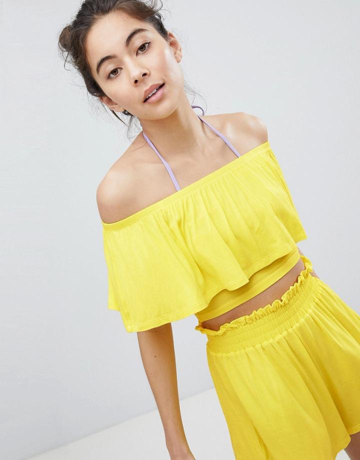 Monki Cropped Frill Bardot Beach Top - Yellow