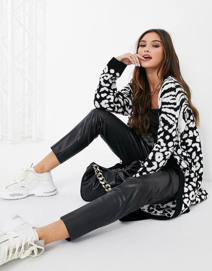 Liquorish Maxi Cardigan In Mixed Animal Print In Mono-multi
