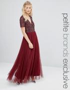 Maya Petite V Neck Maxi Tulle Dress With Tonal Delicate Sequins - Red