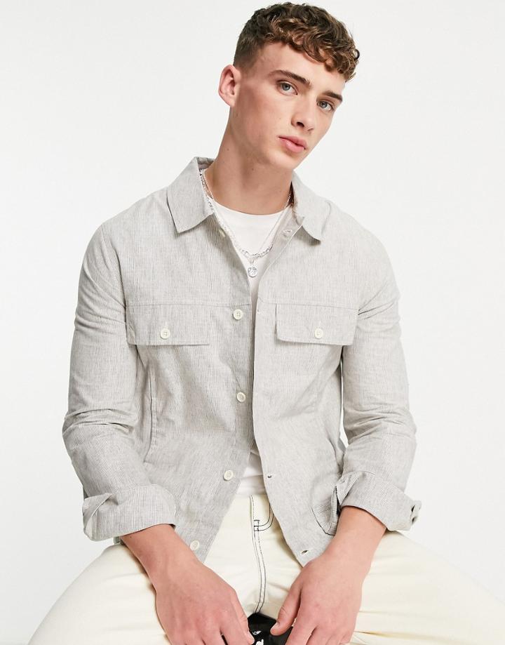 Asos Design Set Smart Slim Linen Trucker Jacket With Candy Stripe In Blue-neutral