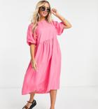 Pieces Petite Midi Smock Dress In Bright Pink-multi