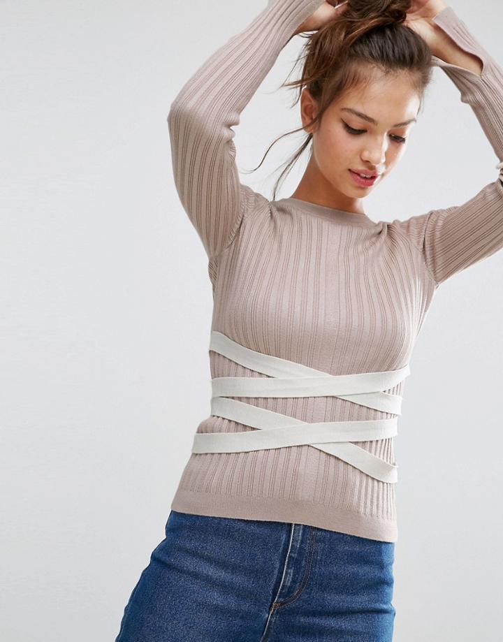Asos Sweater With Rib And Corset Detail - Gray