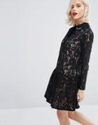 Premium Smock Dress With Embellished Collar In Lace - Black