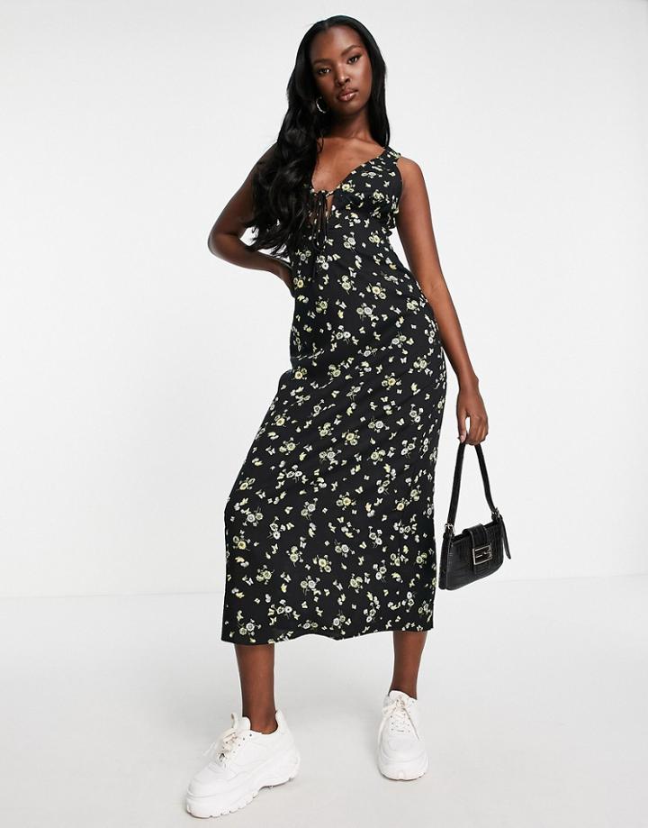 Motel Midaxi Tea Dress With Tie Front In Lemon Black Floral-multi