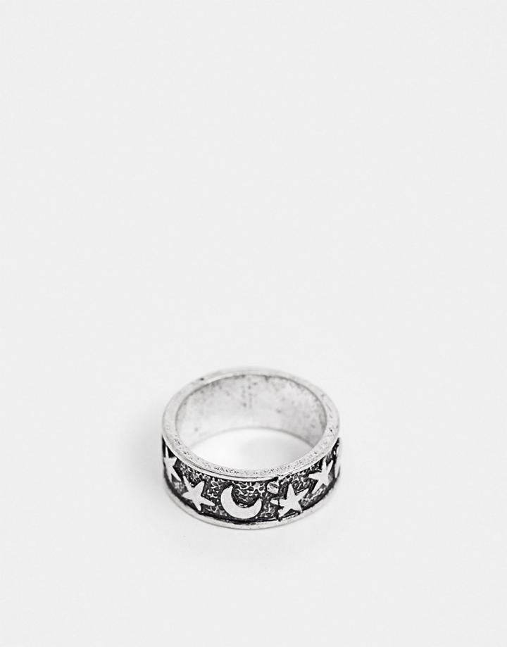 Asos Design Ring With Star And Moon Detail In Burnished Silver Tone