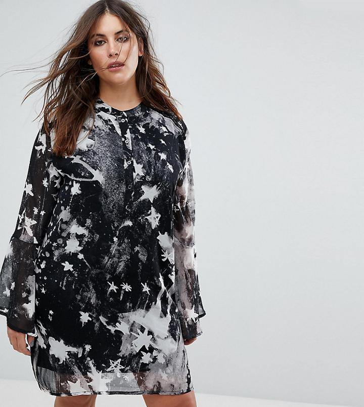 Religion Plus Shirt Dress In Star Print - Black