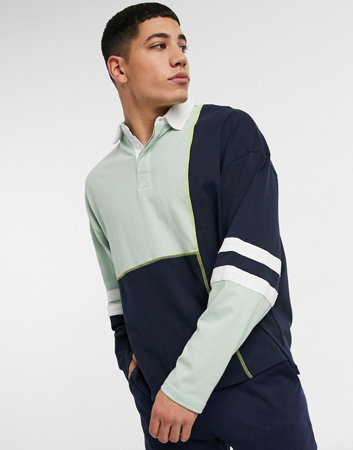 Asos Design Oversized Long Sleeve Rugby Shirt In Pastel Colorblock-navy