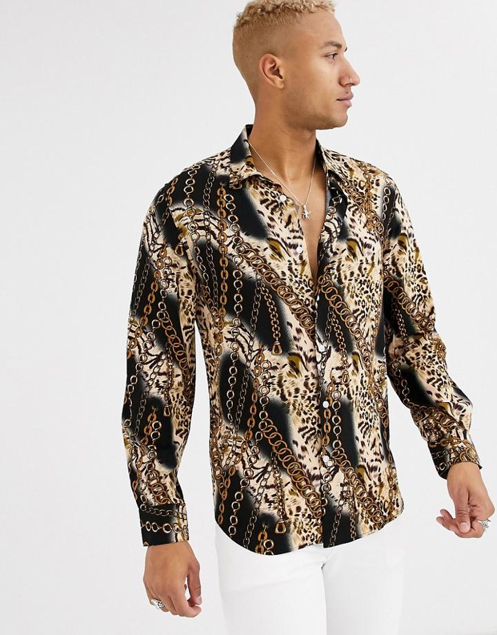 Devils Advocate Viscose Long Sleeve Leopard Chain Print Oversized Shirt