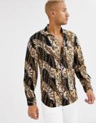 Devils Advocate Viscose Long Sleeve Leopard Chain Print Oversized Shirt