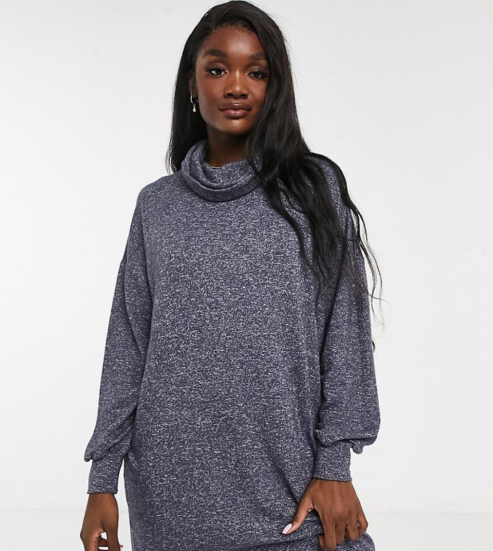 Asos Design Tall Super Soft Long Sleeve Roll Neck Mini Sweater Dress In Charcoal Gray Heather-grey
