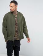 Asos Oversized Jersey Bomber Jacket With Drawstring Hem In Khaki - Green