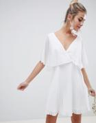 Asos Design Mini Dress With Pleat Skirt And Flutter Sleeve - White