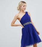 Little Mistress One Shoulder Skater Dress With Embellished Waist Line-blue