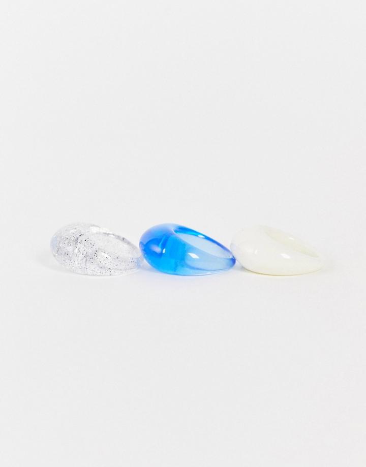 Asos Design Pack Of 3 Domed Rings In Blue Cream And Glitter-multi