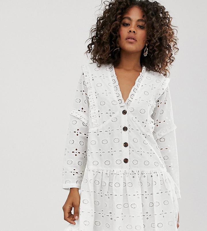 Asos Design Tall Broderie Button Through Tiered Smock Mini Dress-white