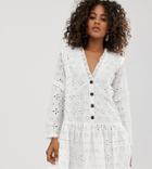 Asos Design Tall Broderie Button Through Tiered Smock Mini Dress-white