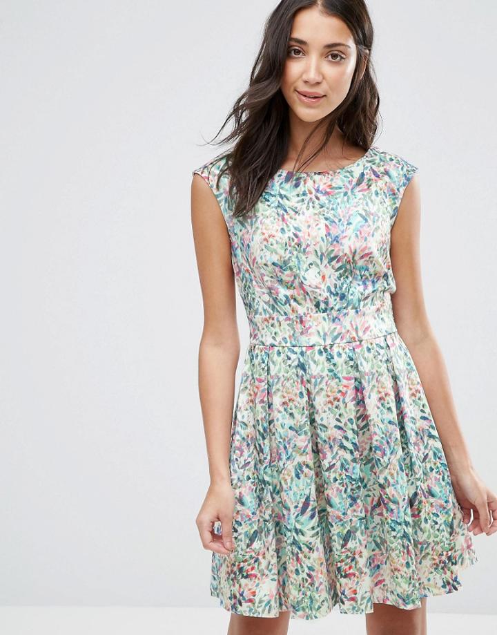 Closet Water Paint Leaf Print V Back Pleat Dress - Multi