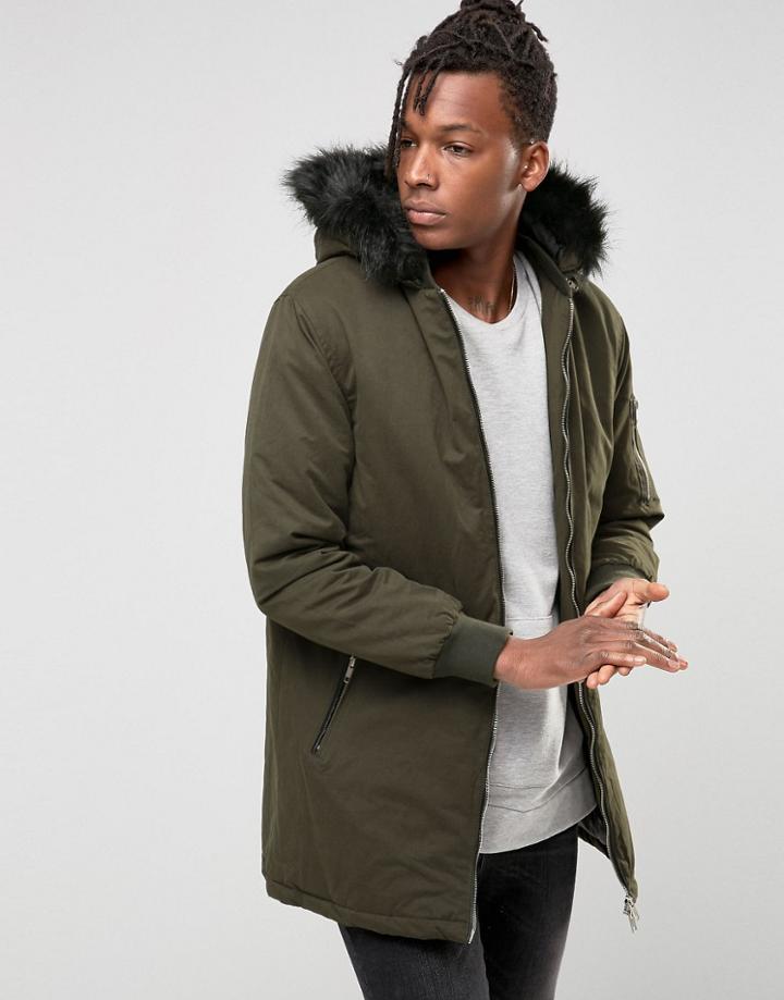Brave Soul Longline Parka Detachable Faux Fur Hood - Green