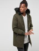 Brave Soul Longline Parka Detachable Faux Fur Hood - Green