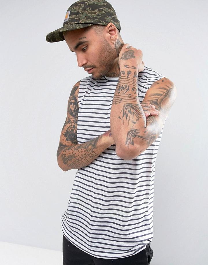 Asos Longline Sleeveless T-shirt With Dropped Armhole In Linen Look Stripe - White