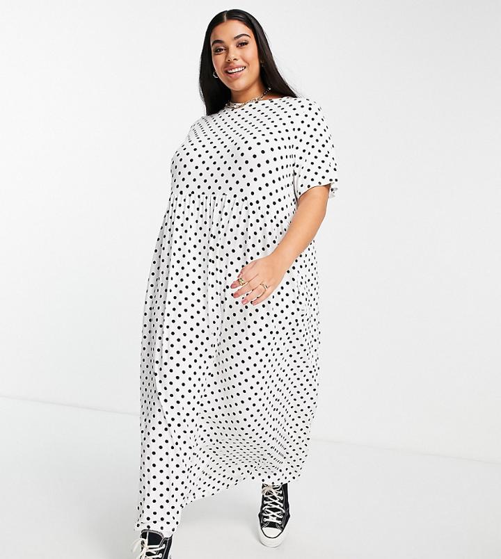 Yours Smock Maxi Dress In Black With White Polka Dot