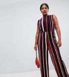 John Zack Plus Plisse Wide Leg Jumpsuit In Contrast Stripe Print - Multi