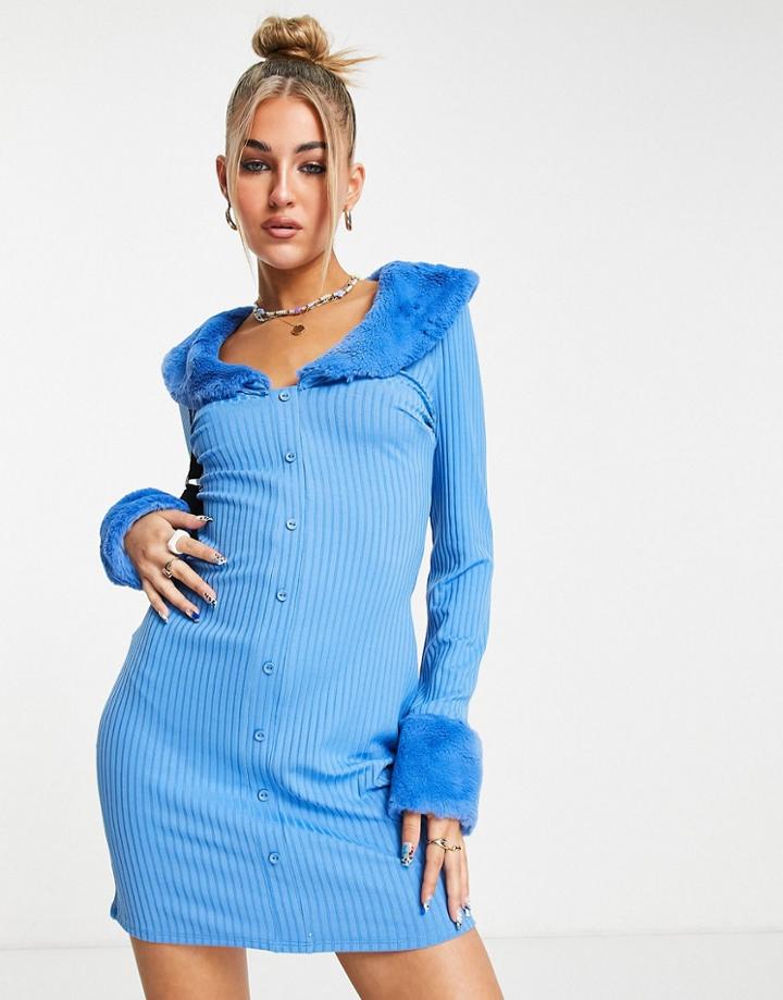 Asos Design Fur Trim Ribbed Mini Dress In Bright Blue-multi