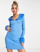 Asos Design Fur Trim Ribbed Mini Dress In Bright Blue-multi