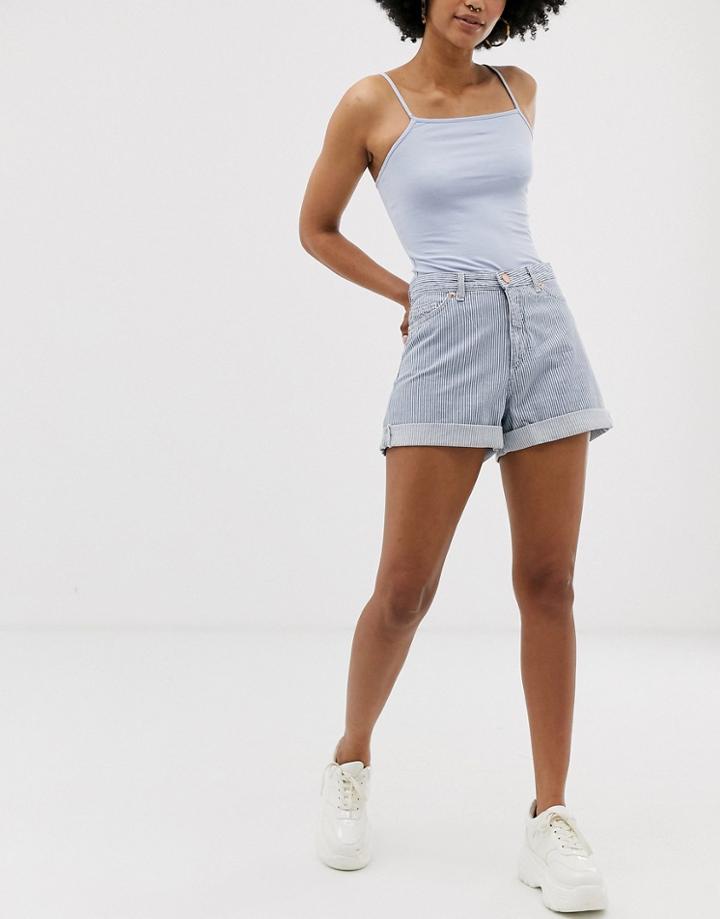 Monki Tie Waist Denim Shorts In Blue And White Stripe