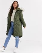 Asos Design Luxe Parka With Faux Fur Trim In Khaki - Green