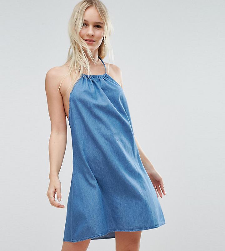 Asos Petite Denim Halter Neck Sundress In Midwash Blue - Blue