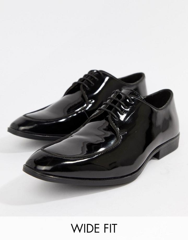 Asos Design Wide Fit Lace Up Shoes In Black Patent Faux Leather