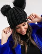 River Island Knitted Beanie Hat With Pom Poms In Black