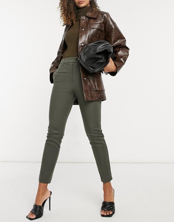 Warehouse Compact Cotton Pants In Khaki-green
