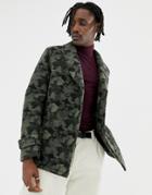 Asos Design Wool Mix Peacoat In Camo - Green