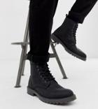 Asos Design Wide Fit Lace Up Boots In Black Leather With Chunky Sole - Black