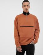 Asos Design Sweatshirt With Half Zip And Map Pocket In Brown