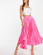 Asos Design Satin Pleated Midi Skirt In Hot Pink