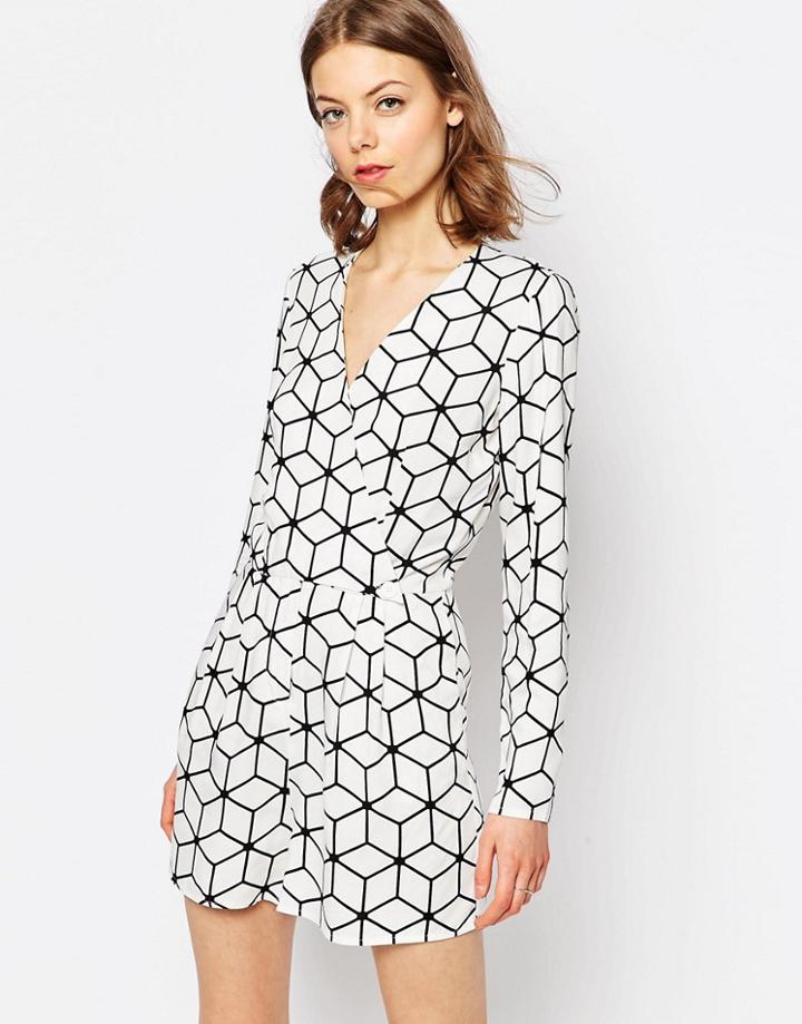 Asos Wrap Romper In Geo Print - Multi