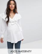 Asos Maternity Cotton Blouse With Ruffle Front & Tie Waist Long Sleeves - White