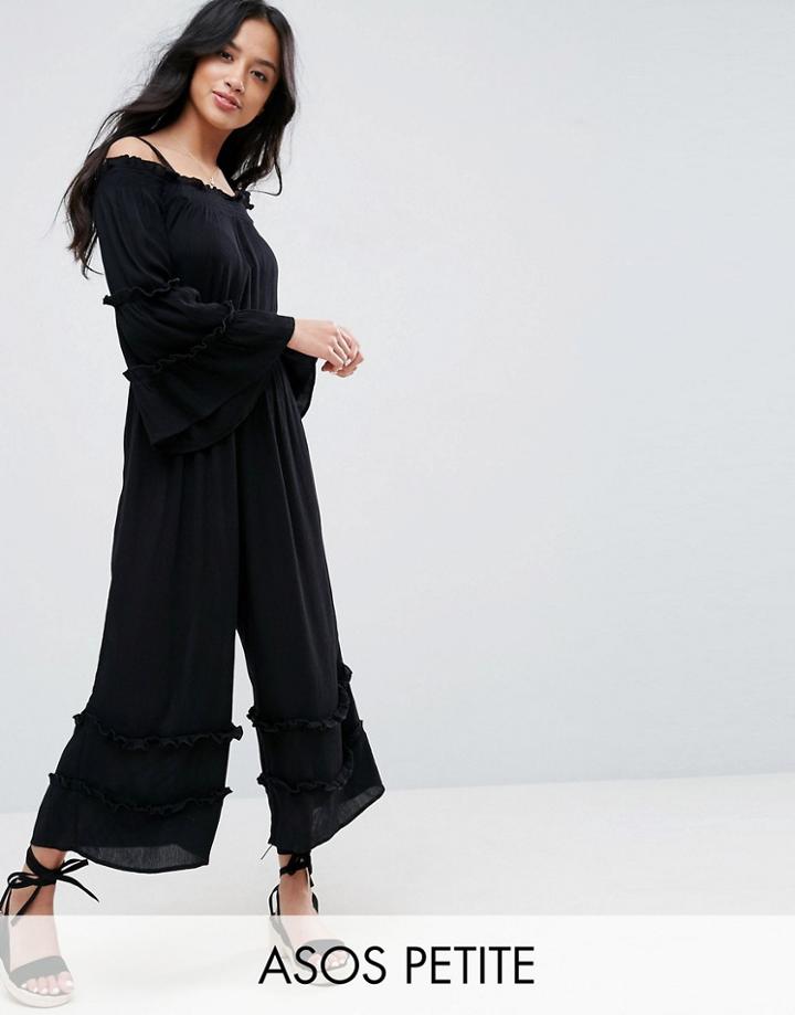 Asos Petite Cold Shoulder Jumpsuit In Crinkle With Frill Detail - Black