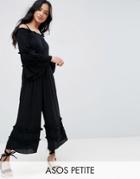 Asos Petite Cold Shoulder Jumpsuit In Crinkle With Frill Detail - Black
