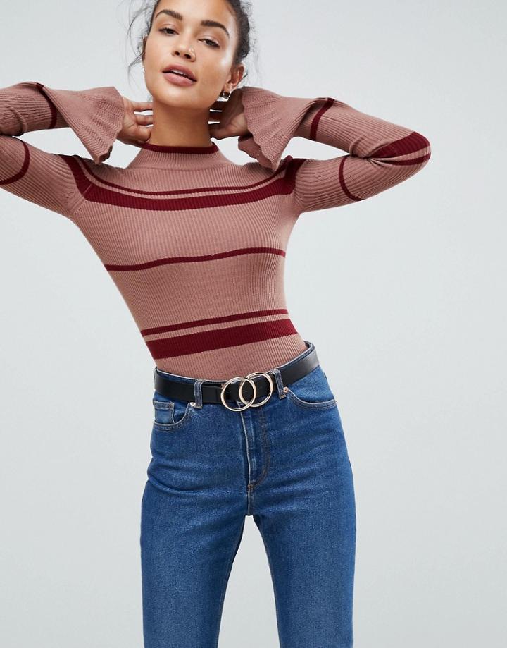 Fashion Union High Neck Sweater With Flared Sleeves In Stripe - Multi