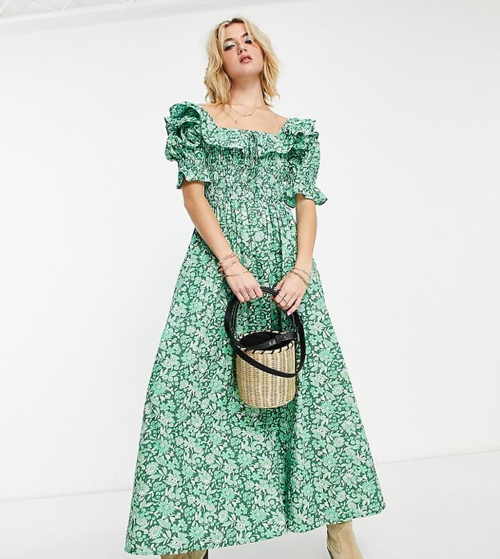 Reclaimed Vintage Inspired Puff Sleeve Midi Dress In Green Floral