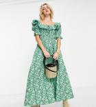 Reclaimed Vintage Inspired Puff Sleeve Midi Dress In Green Floral