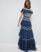 Needle & Thread Tiered Anglais Gown With Contrast Embroidery - Blue